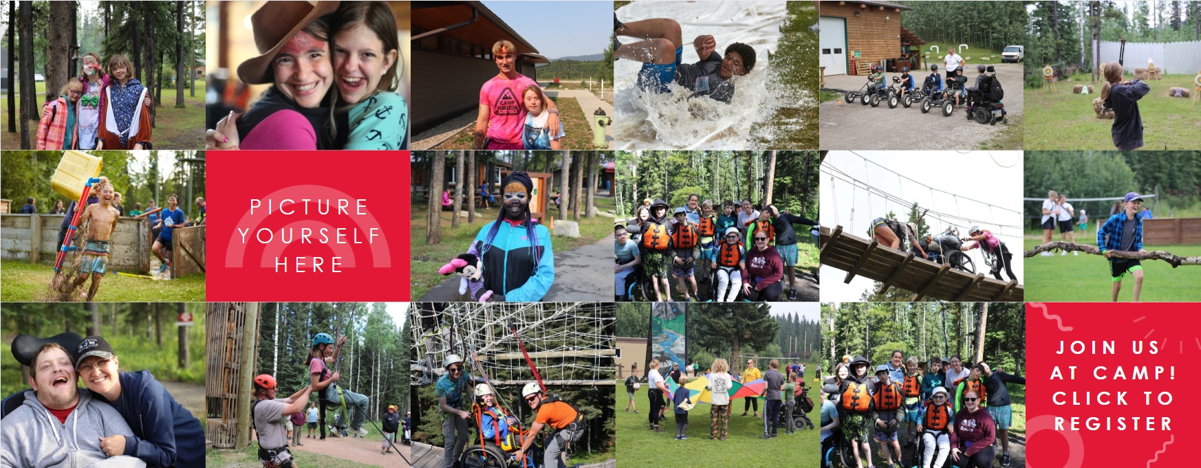 Website banner filled with children at Camp Horizon, enjoying their time smiling. Text states: Picture yourself here. Join us at Camp. Click to register.